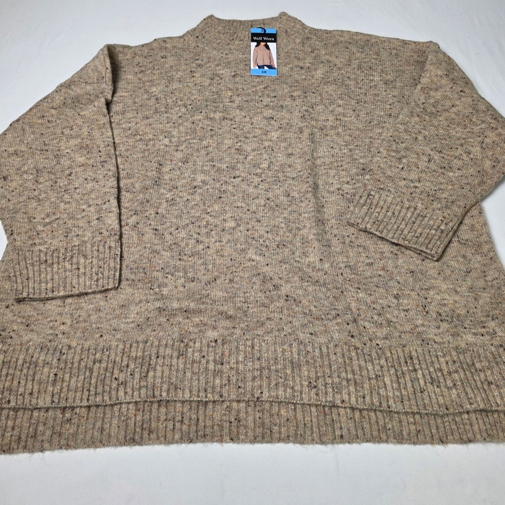 Well Worn Mock Neck Sweater Women 3X Tan‎ Oatmeal Donegal Speckled High-Low Hem